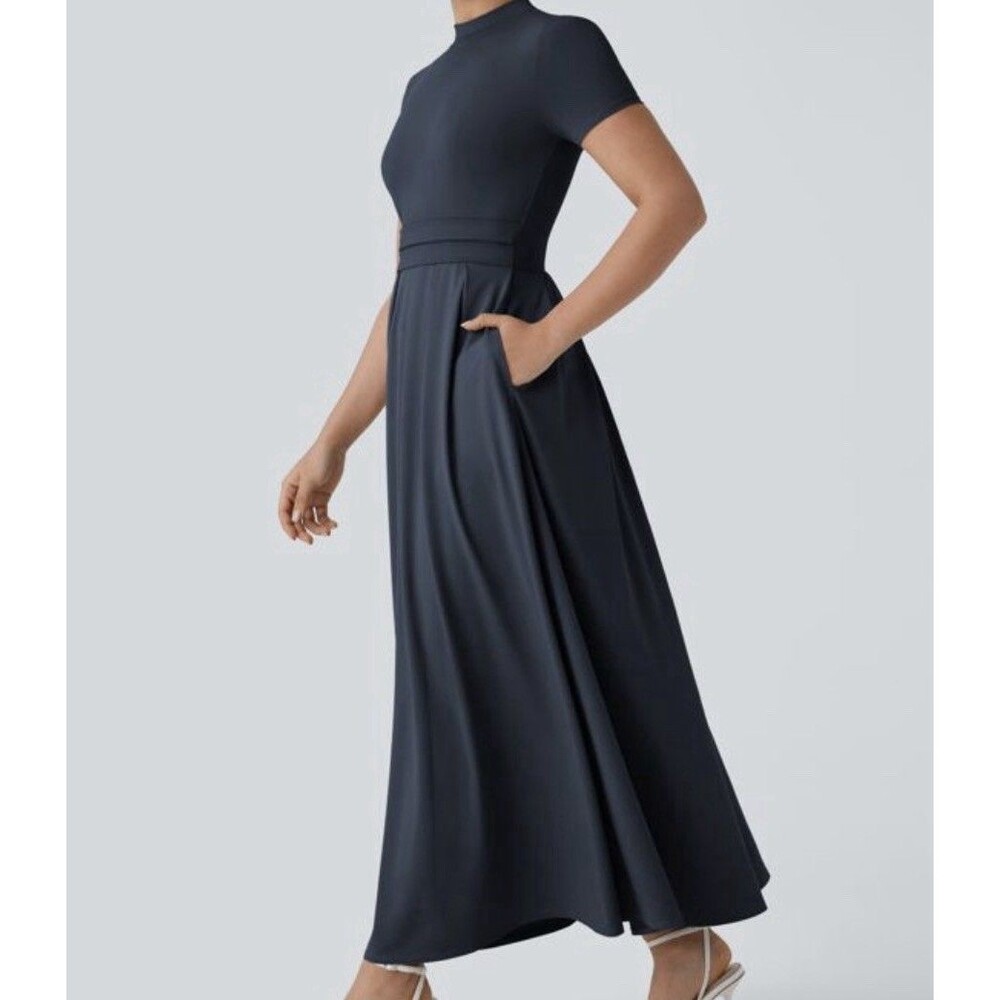 HALARA Navy Blue Maxi Mock Neck Pocket Pleat Casual Athleisure Dress Size L